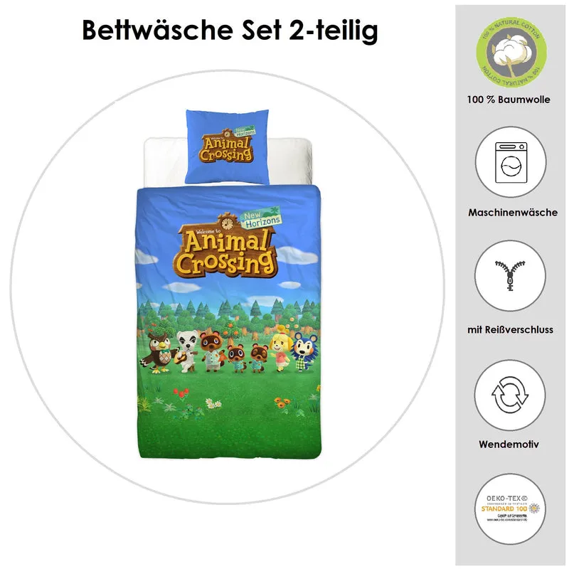 Animal Crossing Bettwäsche Set 2-teilig 135x200 80x80 cm - Gaming Bettwäsche aus 100% Baumwolle, Renforcé, mit Reißverschluss - Öko-Tex zertifiziert