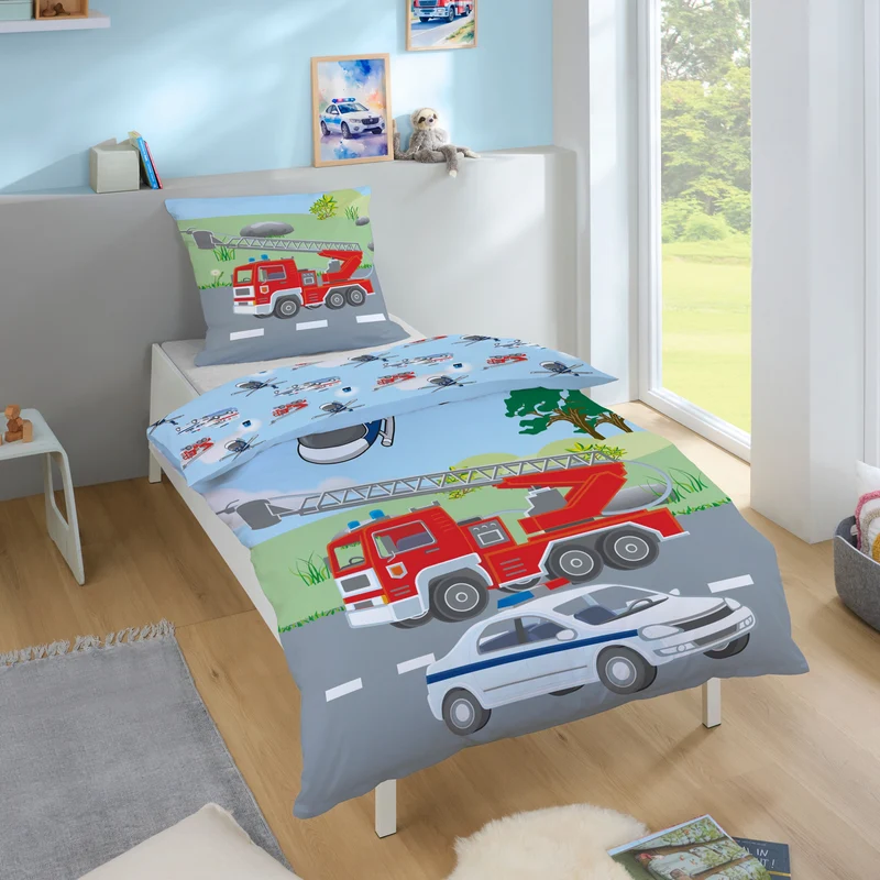 Polizei & Feuerwehr Bettwäsche Set 2-teilig 135x200 80x80 cm - Renforcé Bettwäsche aus 100% Baumwolle mit Reißverschluss - Öko-Tex zertifiziert