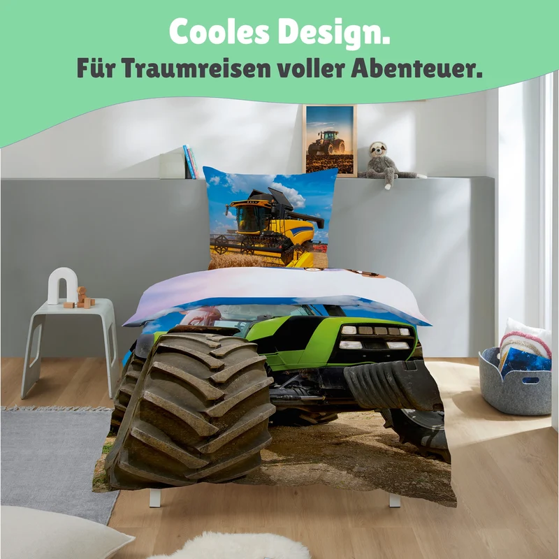 Traktor Bettwäsche Set mit Wendemotiv 2-teilig 135x200 80x80 cm - Renforcé Bettwäsche aus 100% Baumwolle mit Reißverschluss - Öko-Tex zertifiziert