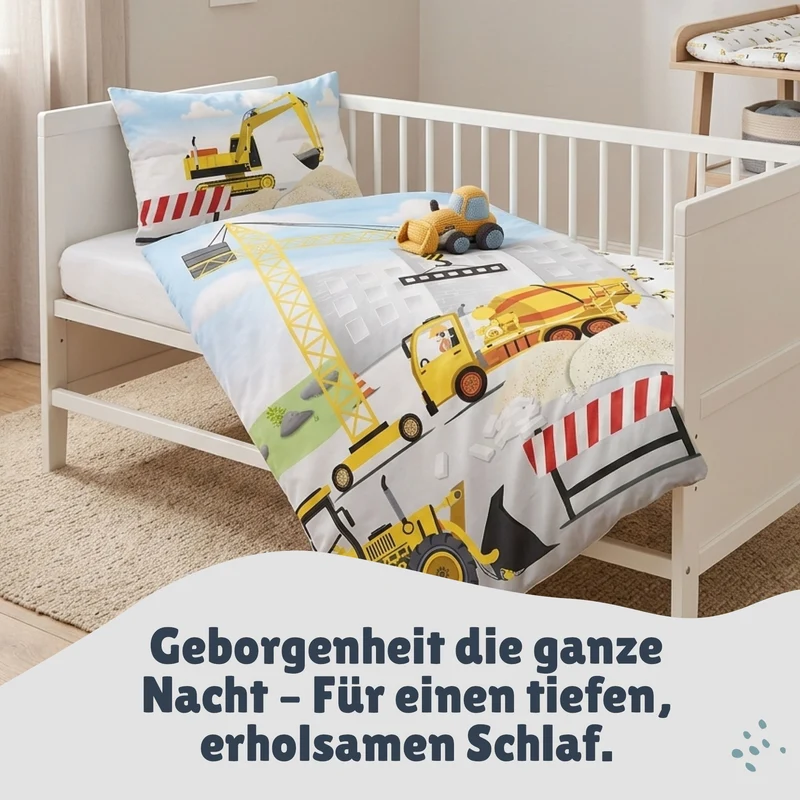 Baby Bettwäsche Set Baustelle 2-teilig - 100x135 40x60 cm aus 100% Baumwolle mit Kran Bagger & Betonmischer