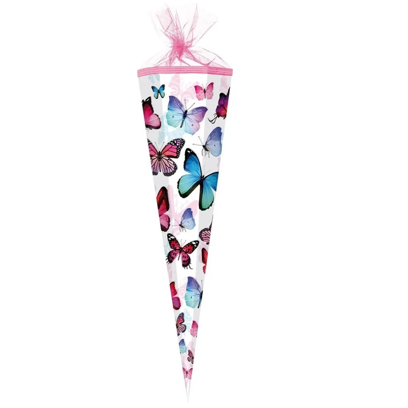 Große Schultüte / Zuckertüte BUTTERFLY SCHMETTERLINGE WEISS ca. 85 cm (Länge) | 6-eckig | Durchmesser ca. 25 cm
