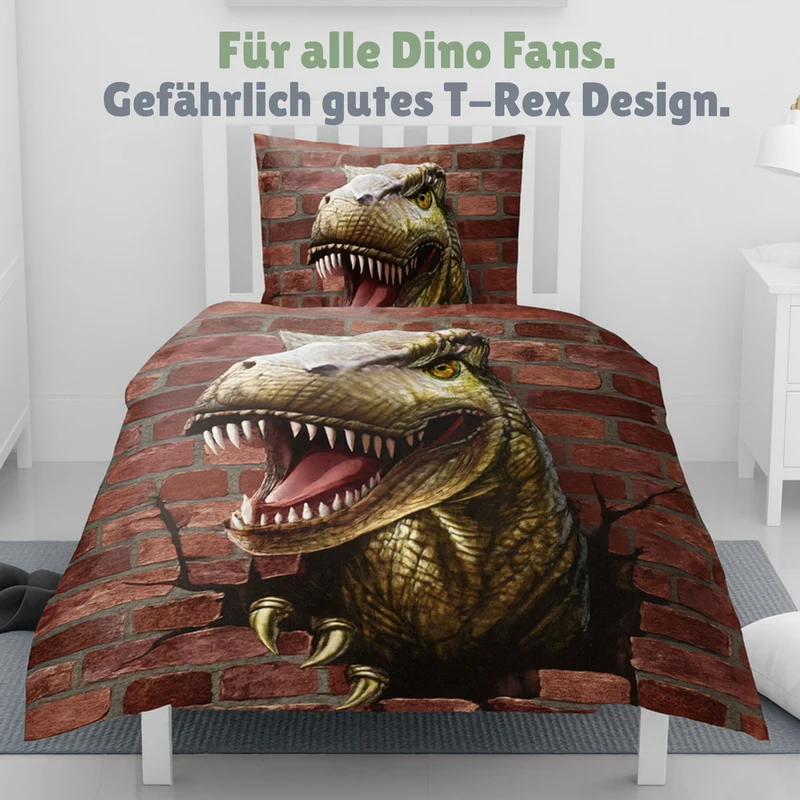 Dinosaurier Bettwäsche Set 2-teilig 135x200 80x80cm - Dino Bettwäsche für Jungen aus 100% Baumwolle mit Reißverschluss - maschinenwaschbar, Öko-Tex