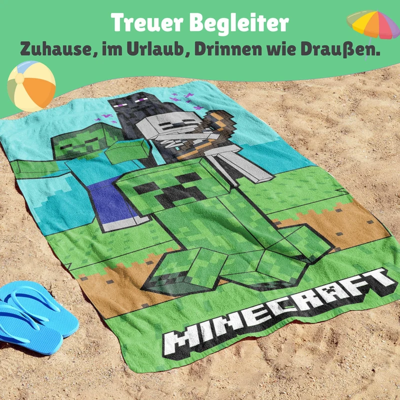 Minecraft Strandtuch Handtuch für Jungen 70x140 cm Duschtuch Badetuch aus 100% Baumwolle für Freizeit und Daheim