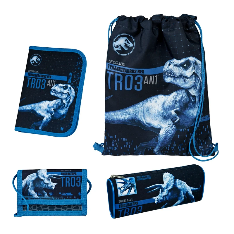 Schul-Zubehör 4-teiliges Set für Jurassic World Schulranzen Campus Fit (gefüllte Federmappe, Schlamper, Turn- und Geldbeutel)