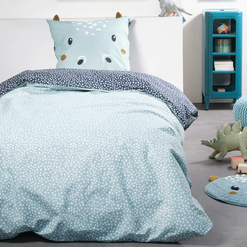Kinderbettwäsche Set Hippo 2-teilig 135x200 80x80 cm - Nilpferd Bettwäsche Blau mit Ohren - 100% Baumwolle, Reißverschluss, Renforcé, atmungsaktiv