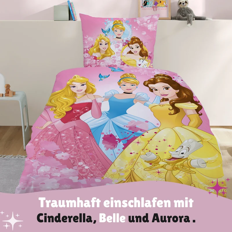 Disney Prinzessinnen Bettwäsche Set 2-teilig 135x200 80x80 cm - Bettwäsche mit Reißverschluss - Fleece-Qualität, flauschig, maschinenwaschbar, Öko-Tex