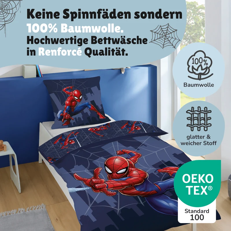 Marvel Spiderman Bettwäsche Set 2-teilig 135x200 80x80 cm - Renforcé Bettwäsche für Jungen aus 100% Baumwolle - Reißverschluss, Öko-Tex zertifiziert