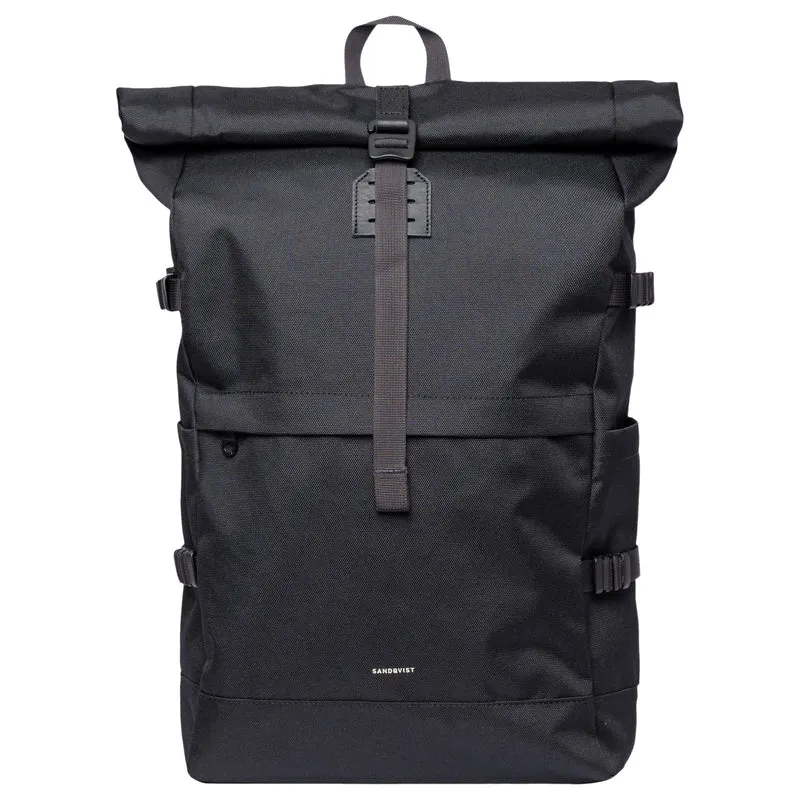 Sandqvist Icon Rolltop - Rucksack L 16" 65 cm erw. (black/ black with black leather)